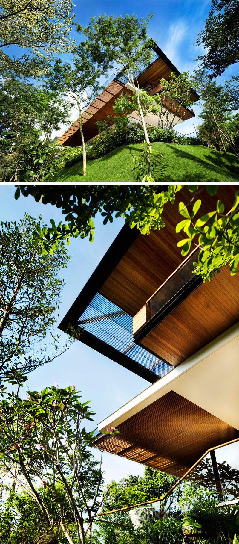 GUZ Architects has designed a modern house in Singapore, for their client who requested an exciting dynamic house that made the most of the steeply sloping site which overlooked the world heritage site of the botanic gardens. #ModernHouse #ModernArchitecture