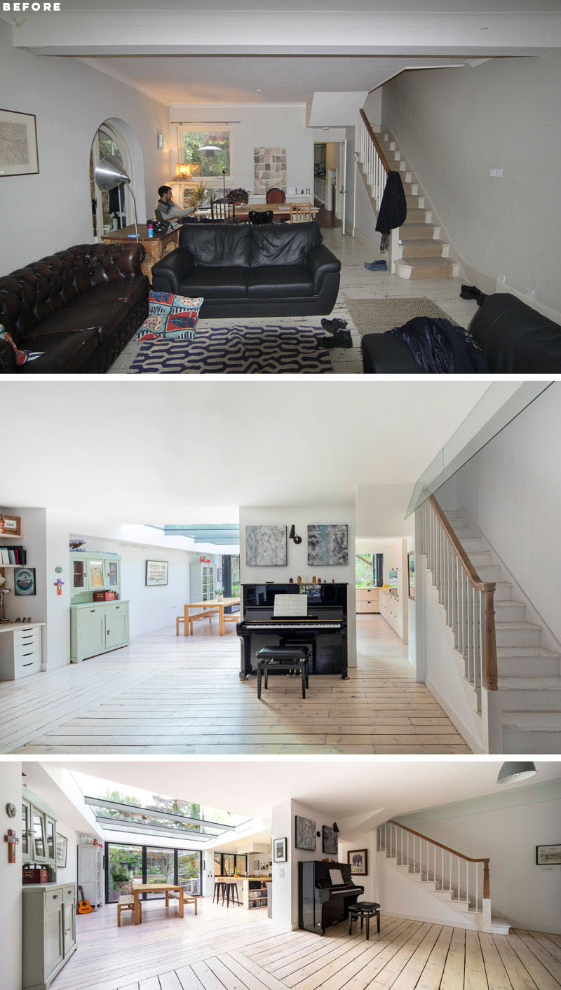 In this renovation (with an extension), wall were removed between the original areas of the house, and the original floor boards were re-oiled and placed atop new under floor heating. #Renovation #HouseExtension #Flooring