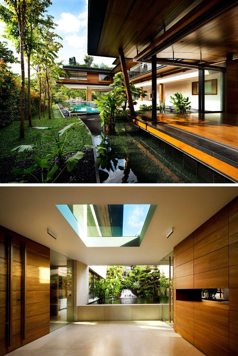 This modern multi-level house makes the most of its surrounding landscape by having the interiors open to various water features. #ModernHouse #ModernArchitecture #WaterFeatures