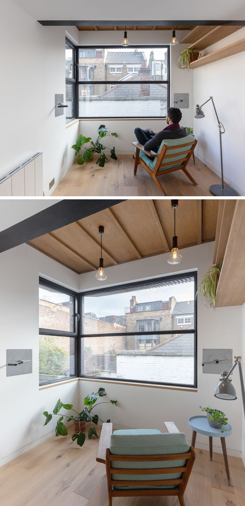 This modern extension has minimal furnishings with wood shelving, some plants, and a couple of pendant lights. #GuestRoom #ModernExtension #Windows