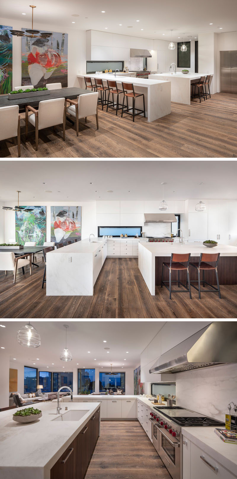  In this modern kitchen, glossy Calcutta Caldia countertops with “white-on-white” veining, are combined with locally harvested Claro Walnut, also known as California Walnut, to create a contemporary and bright look. #ModernKitchen #WhiteKitchen #KitchenDesign