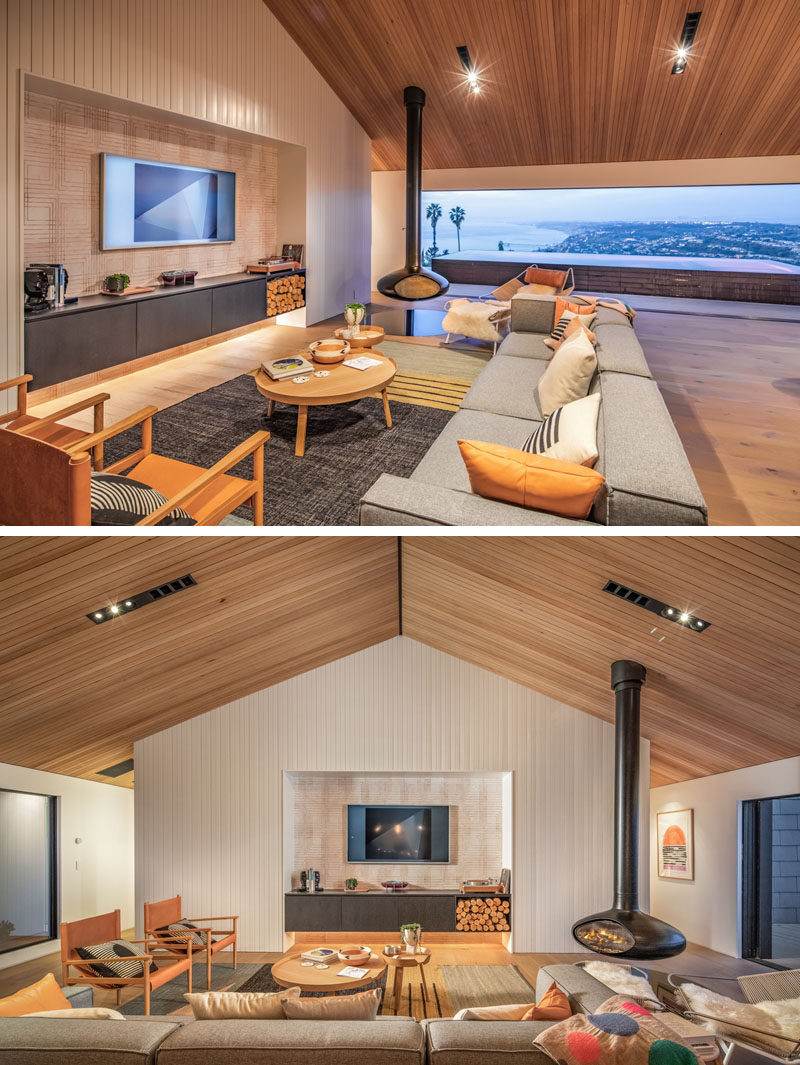 This light-filled modern interior has been designed with simple forms and clean lines. In the living room, a section of the wall has been recessed to highlight the television and entertainment unit. #ModernLivingRoom #InteriorDesign