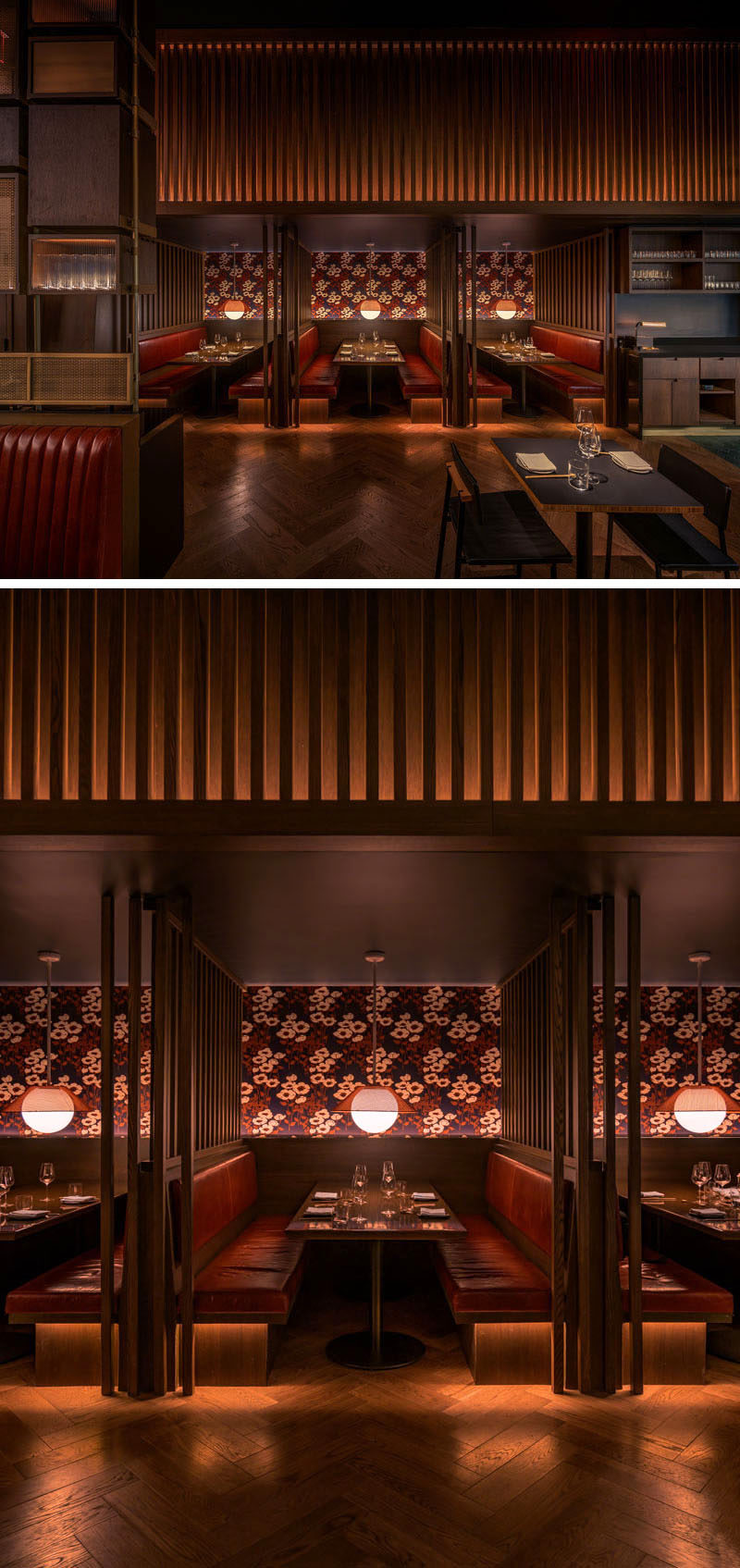 For those who diners who desire more intimate encounters, this modern restaurant features booths lined with poppy-patterned wallpaper and red leather seating. #RestaurantDesign #ModernRestaurant #BoothSeating