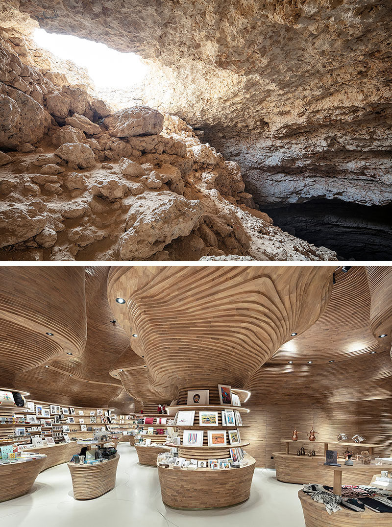 Inspired by a cave, the design of the gift shop at the National Museum of Qatar features 40,000 wood pieces that create a cave-like interior #RetailDesign #RetailStore #ModernStore #Wood