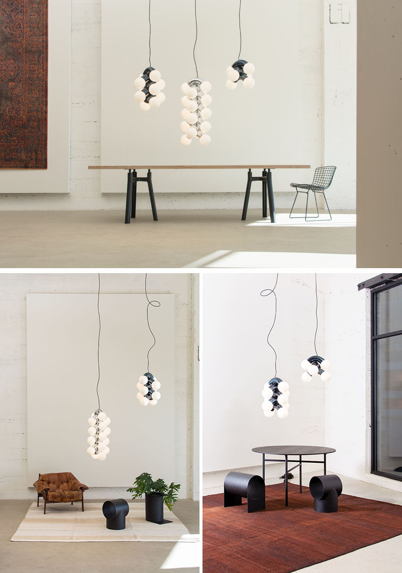 Designer Caine Heintzman has created VINE, a sculptural and vertical pendant light, that provides a big presence with a small energy draw by using low wattage LED lamps. #Lighting #PendantLight #ModernLighting #SculpturalLighting