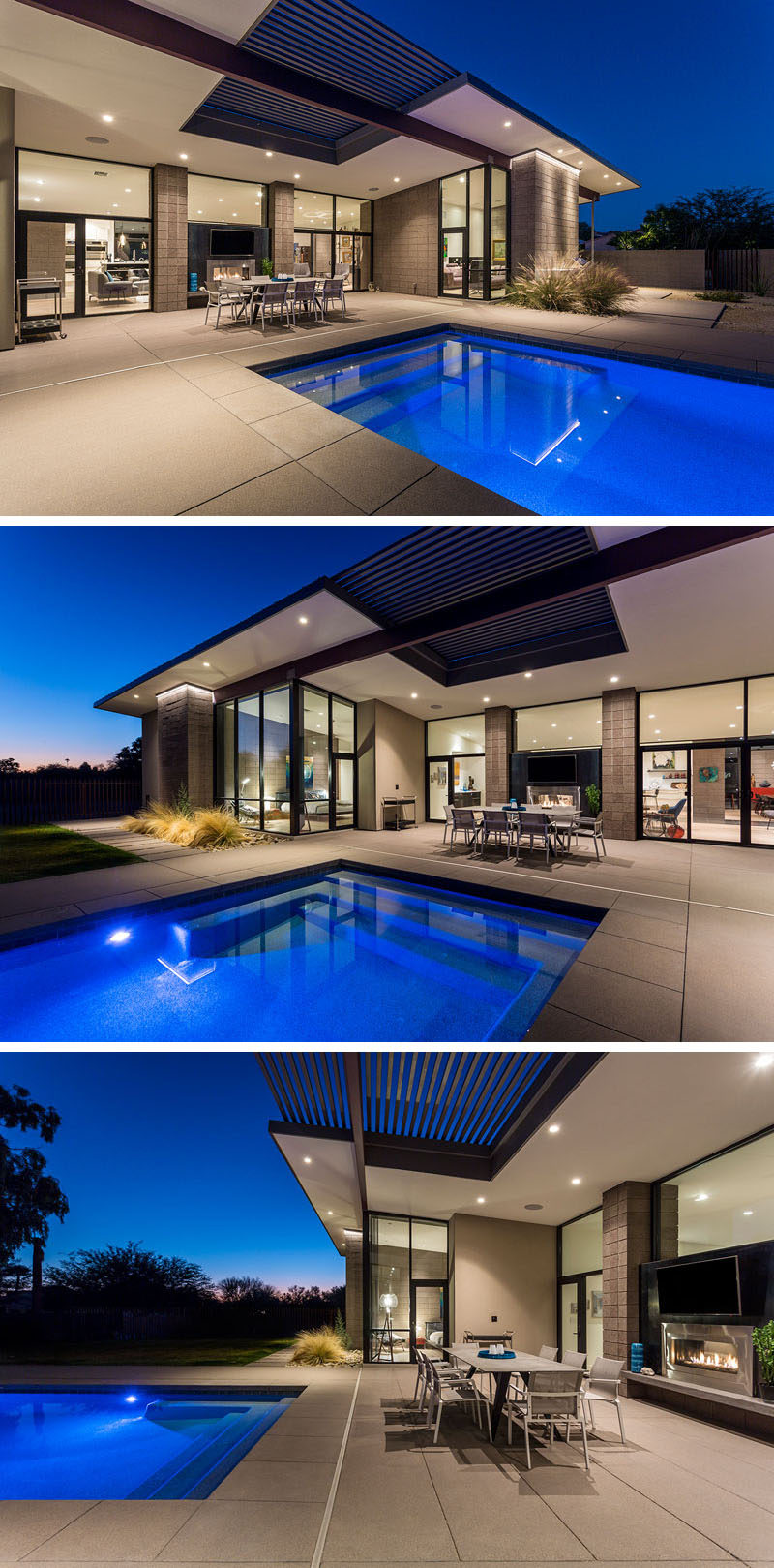 At the rear of this modern house, is a swimming pool and outdoor dining area, that are both centered on two-sided fireplace element. #ModernHouse #SwimmingPool #OutdoorDining