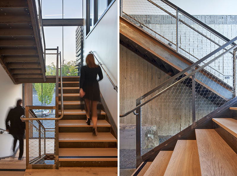 A sunlight stair tower in this modern hotel has been designed to lure people in and away from the elevator. #Stairs #HotelDesign