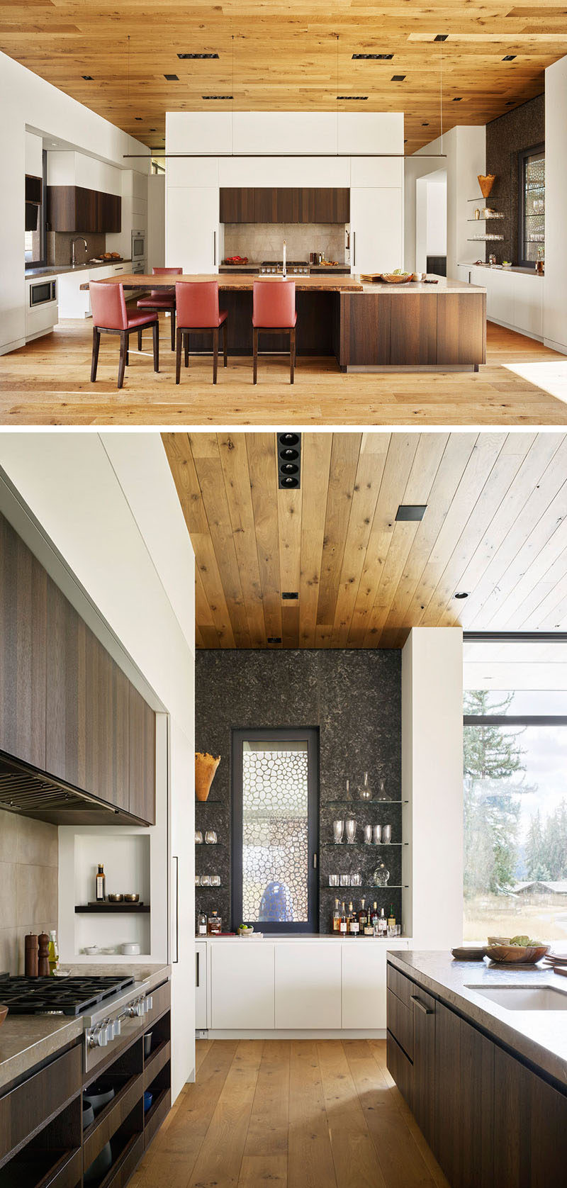 White oak floors and ceilings warm and ground this modern guesthouse, while the kitchen makes use of darker wood and white cabinets for a contemporary look. #KitchenDesign #ModernKitchen