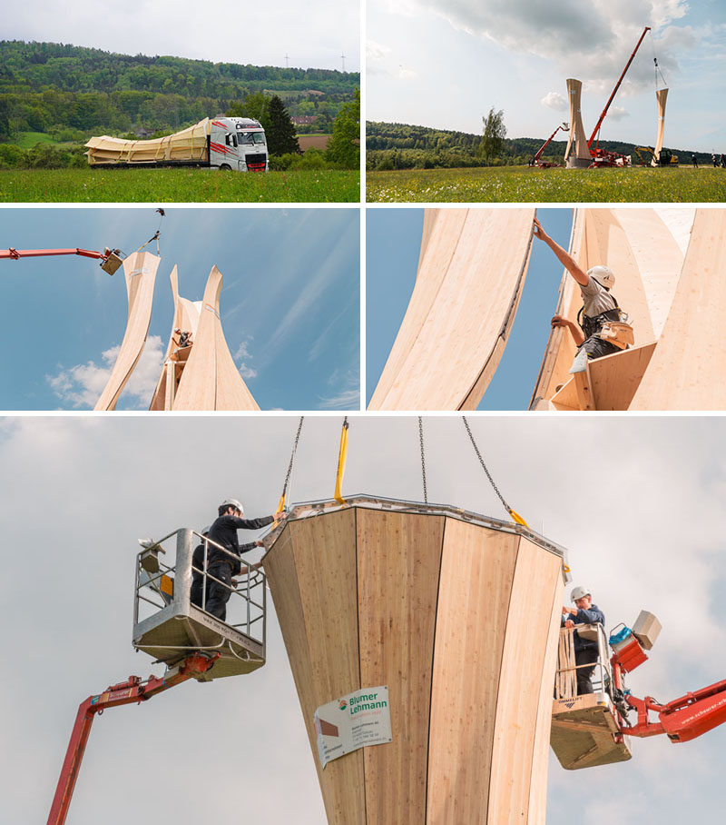 'INSTALLATION' PHOTOS - The Urbach Tower is the first wood structure made from self-shaped components, and it serves as a landmark building for the City of Urbach’s contribution to the Remstal Gartenschau 2019. #Architecture #Design #Sculpture