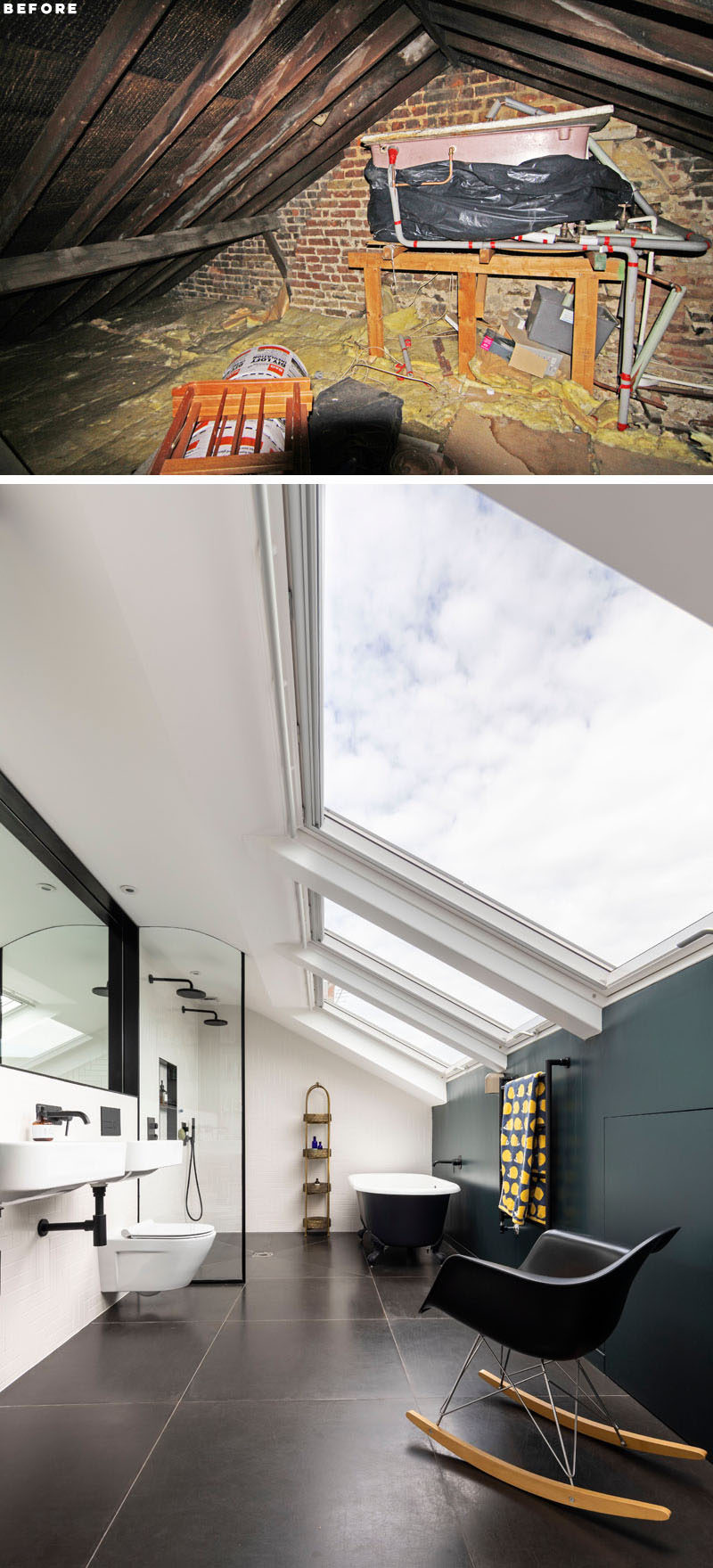 In this renovated loft / attic, new skylights were designed to give the most amount of height possible, while a dark accent wall and black elements contrast the white walls. #BathroomDesign #ModernBathroom