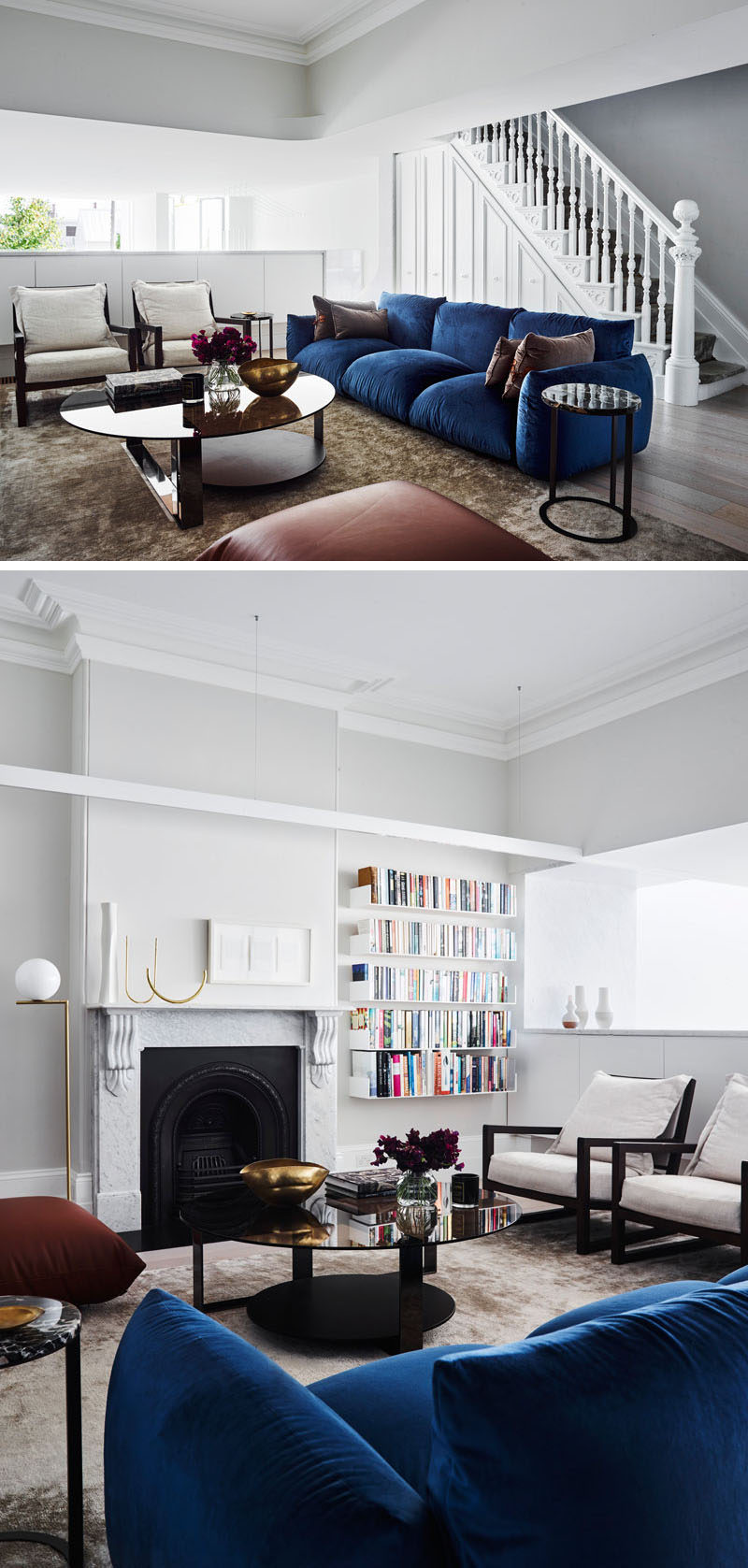 Inside this renovated Victorian house, there's a formal living room with some original features, like the fireplace, that have been combined with contemporary elements, like the shelving. #LivingRoom #Shelving #Fireplace