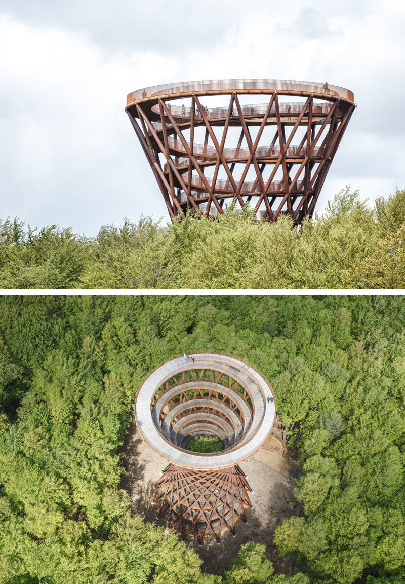 This sculptural observation tower is the centerpiece in a nature experience that provides visitors with a chance to see the Gisselfeld Klosters Forest from a unique perspective. #ObservationTower #Architecture #Denmark