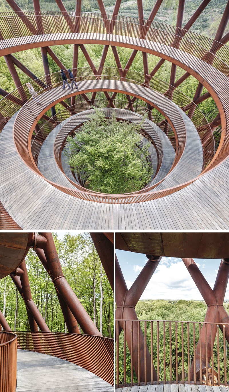 The spiraling ramp to the observation deck at the top of this spiraling tower provides guests with various view points the entire way, while also offering step-free access to all visitors. #ObservationTower #SpiralTower #Architecture