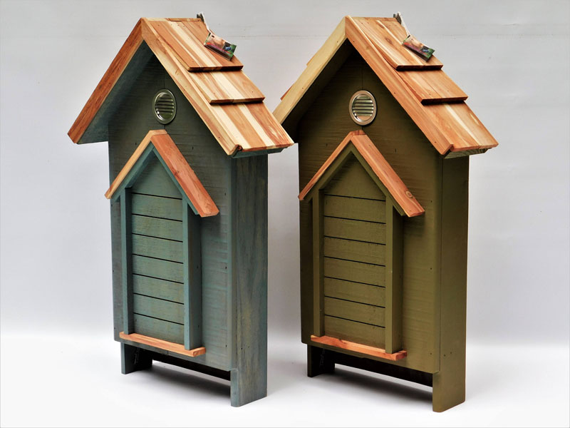 Looking more like a regular house than a bat house, these designs by Birdgazer, have a combination of rough sawn hardwood or softwood, with a red cedar shingle roof, and venting at the top. #BatHouse #BatBox #BatNestingHouse