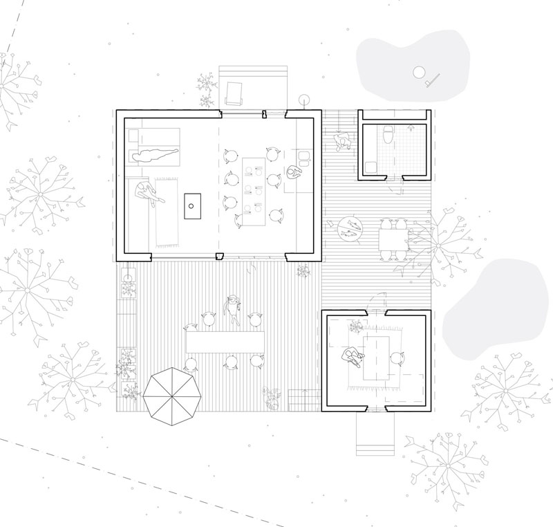 The floorplan of this modern Swedish house is separated into three buildings, the main living building, the bathroom building, and the home office building. #ModernHouse #FloorPlan