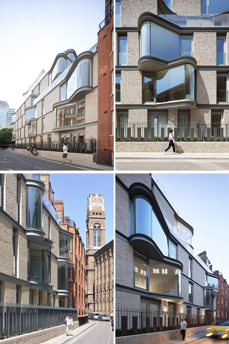 The floor-to-ceiling curved windows protruding from this modern apartment were designed to enlarge the interior living space, while also adding interest to the exterior of the building for people walking past. #Windows #CurvedWindows #ModernArchitecture