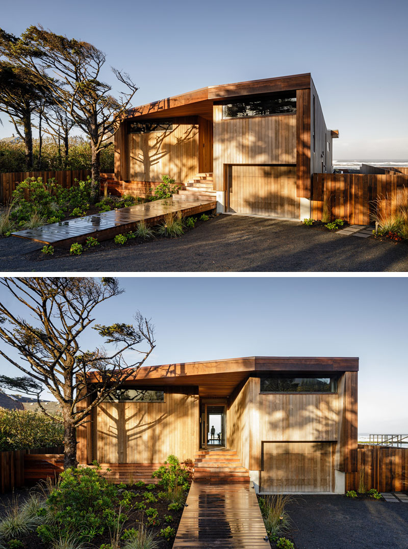 Vertical western red cedar covers this modern house and overtime, it will grey as it ages, somewhat blending into its surroundings. #ModernHouse #HouseDesign #ModernArchitecture