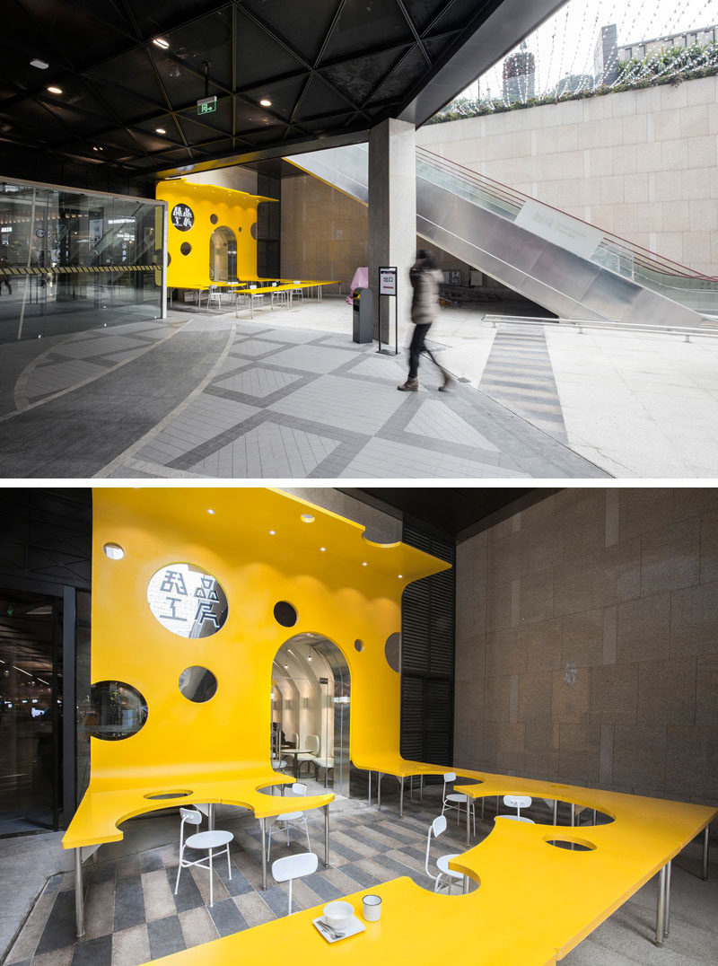 Towodesign has recently completed a new cafe named 'The Dessert KITCHEN', that's located in an underground mall in Chengdu, China, and has an eye-catching facade and an outdoor dining area that's designed like a slice of cheese. #Facade #CafeDesign #RetailDesign
