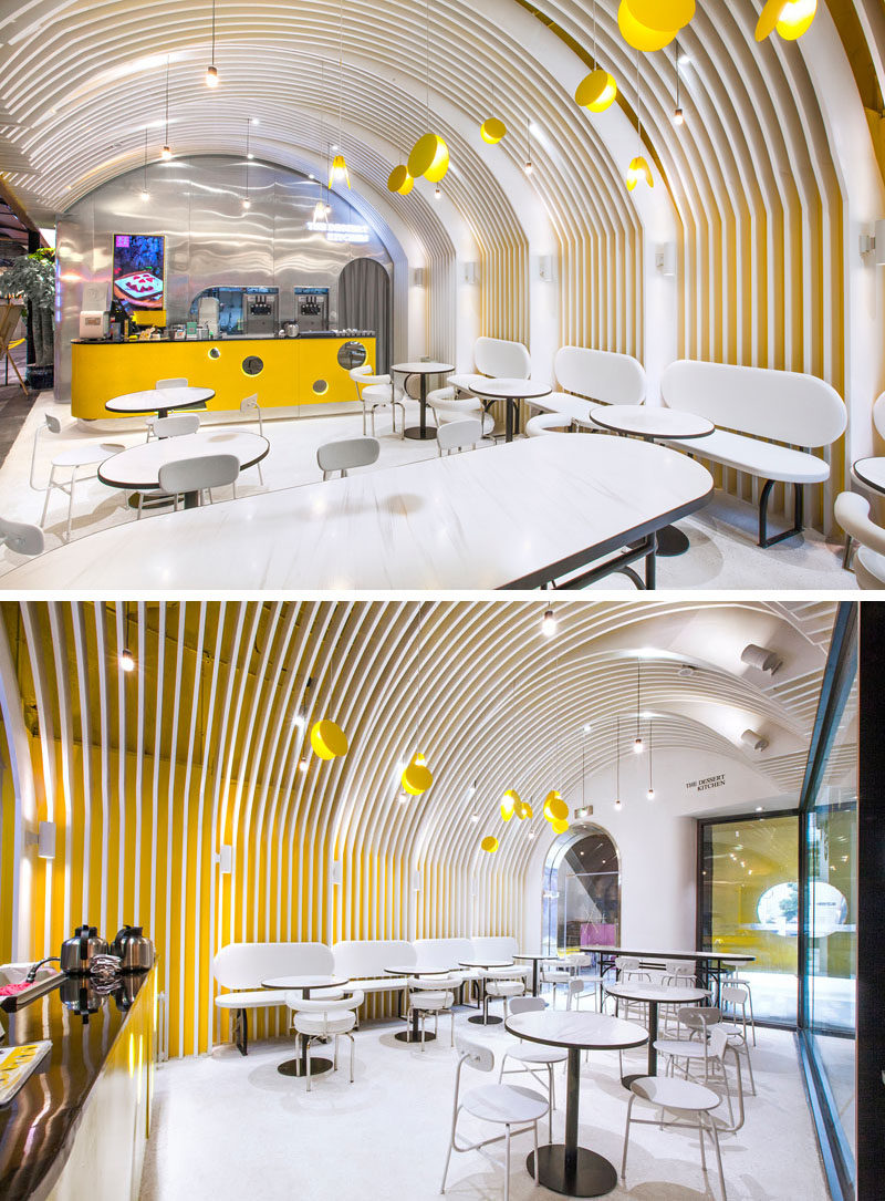 Inside this modern cafe, the designers intended to create a dessert heaven with a church-like interior structure with a sense of "ritualism". Elements of towering domes of churches were applied to the ceiling, which consists of several vaults. #CafeDesign #CafeInterior #RetailDesign #HospitalityDesign