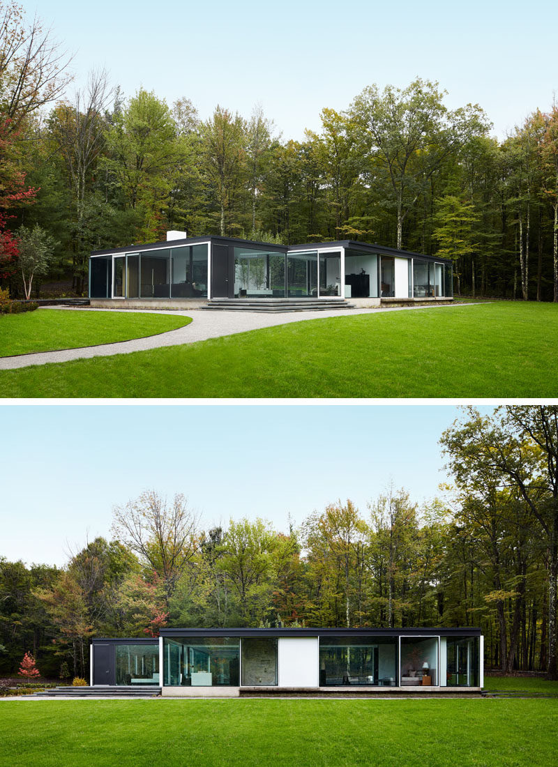 This unique and modern glass house is surrounded by trees in Columbia County, New York. #GlassHouse #ModernArchitecture