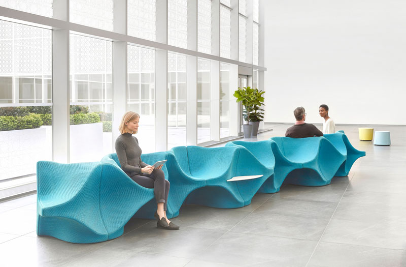 This large lobby seating arrangement was designed by Karim Rashid, who was inspired to create a furniture piece that would facilitate conversation. #FurnitureDesign #LobbyFurniture #Design