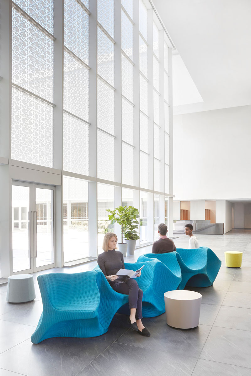 This large lobby seating arrangement was designed by Karim Rashid, who was inspired to create a furniture piece that would facilitate conversation. #FurnitureDesign #LobbyFurniture #Design