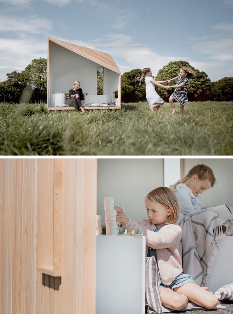 Inspired by the simplicity of a Scandinavian log cabin, but with a modern aesthetic, the ILO playhouse is handcrafted in the UK using locally sourced larch timbers, recycled rubber flooring, and all natural paints and finishes. #Playhouse #OutdoorPlayhouse