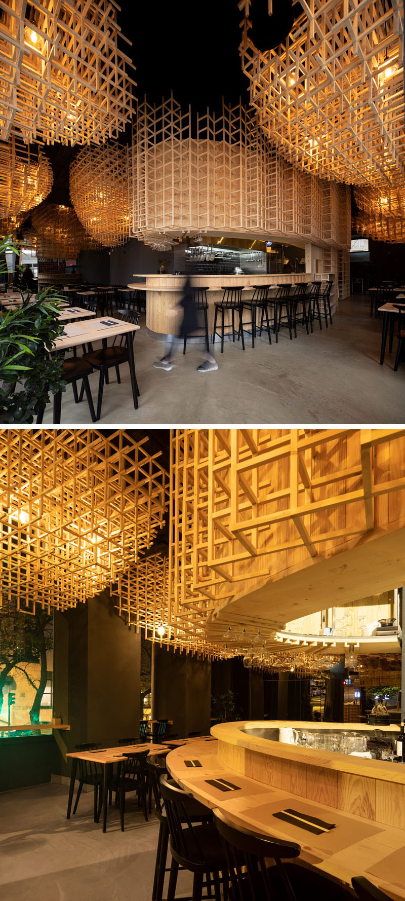 Drawing inspiration from 'Ajitama', the Japanese name for soft-boiled eggs that are usually found in ramen, the designers created sculptural lighting that quickly becomes the focal point of this modern restaurant the minute a guest steps inside. #ModernRestaurant #RestaurantDesign #InteriorDesign #Lighting