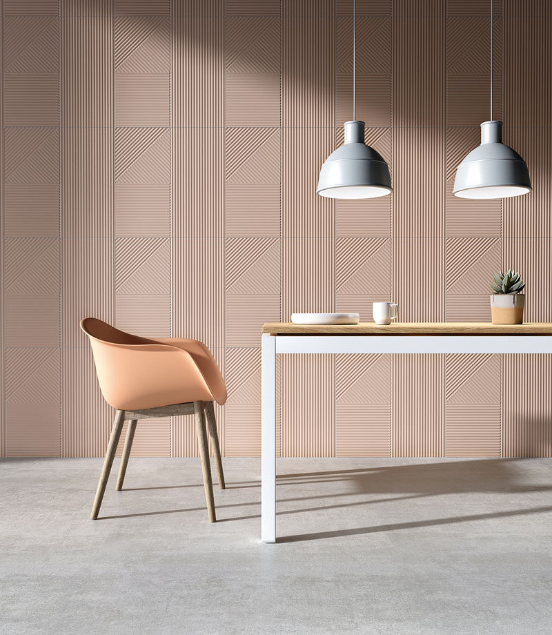 These modern tiles with lines help to create movement, add height, and generate visual interest, in any room. #ModernTiles #TileDesign #ContemporaryTiles