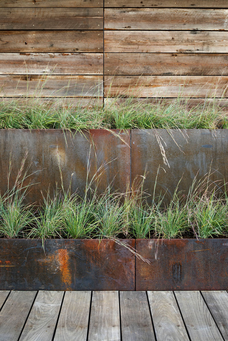 This modern house uses stepped weathering steel planters to mediate between the boardwalk level and the ground level, which is elevated above the floodplain. #SteelPlanters #ModernPlanters.