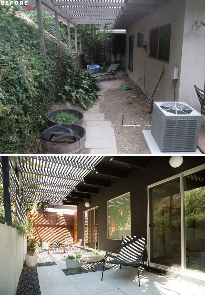 BEFORE + AFTER - This outdoor space received a fresh update, with a painted retaining wall and pergola, as well as a reorganized tile layout. Additional sliding doors and a large window has also replaced the original windows and door. #OutdoorSpace #Patio