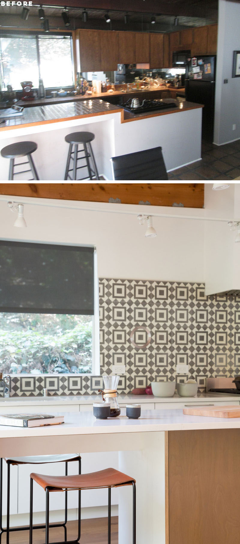 BEFORE + AFTER - In this kitchen, wood cabinetry has been replaced with bright white cabinets and countertops, and a patterned tile has been used to create a backsplash. #KitchenRenovation #KitchenDesign