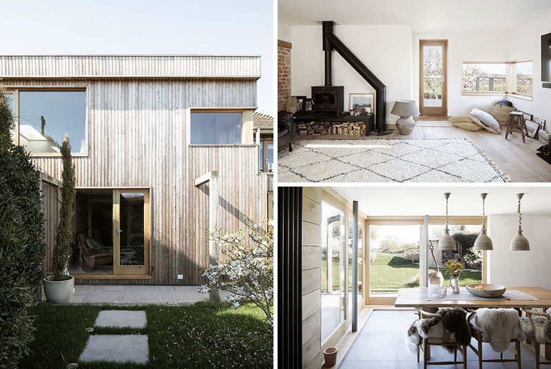 Paul Cashin Architects has designed a wood covered addition for a 200-year-old cottage on the south coast of England overlooking Chichester Harbour. #WoodAddition #HouseAddition #WoodSiding