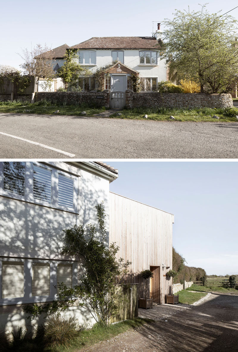 Paul Cashin Architects has designed a wood covered addition for a 200-year-old house on the south coast of England overlooking Chichester Harbour. #WoodAddition #HouseAddition #WoodSiding