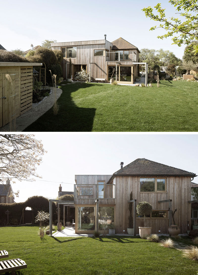 This contemporary house addition has been covered in larch, a type of wood siding. #WoodSiding #LarchWood #HouseAddition