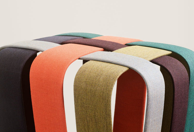 Max Lipsey has created the Woven Bench, that makes use of colorful upholstered strips of metal to create a modern bench. #ModernFurniture #ModernBench #ModernSeating