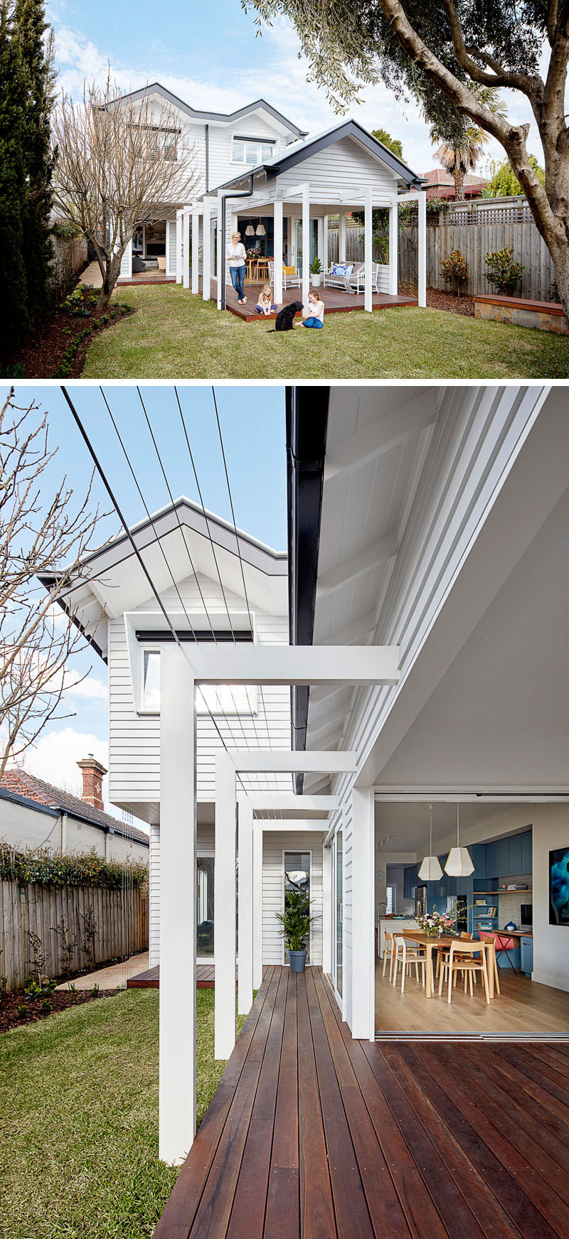 The dining room and the living room of this renovated house, both open up to the yard. A covered wood deck provides additional living space for the family. #Deck #Yard #Landscaping