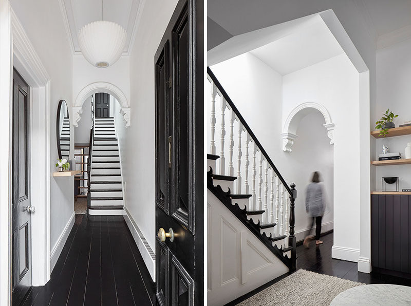 Stepping inside this renovated house, you can still see touches of the old original house, like the front door, trim details, stairs, and archways.