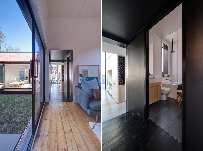 A dark section of this hallway has a matching door that reveals a hidden bathroom. #Hallway #BlackHallway