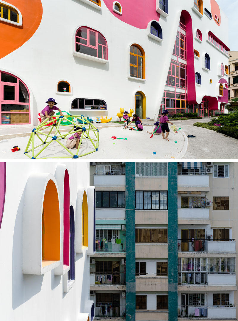 Facade Ideas - The white facade of the kindergarten features pops of color that complement the colorful geometrically shaped window frames. #FacadeIdeas #Architecture #UniqueWindowShapes