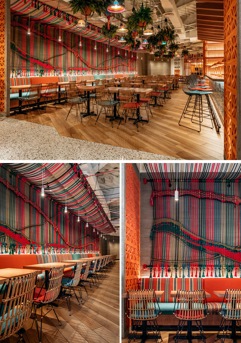 Restaurant Ideas - One of the main design elements in this new Miami restaurant, is a wall that's adorned with a multi-color handwoven macramé rope mural. #Mural #Art #RopeMural #Macrame #RestaurantIdeas