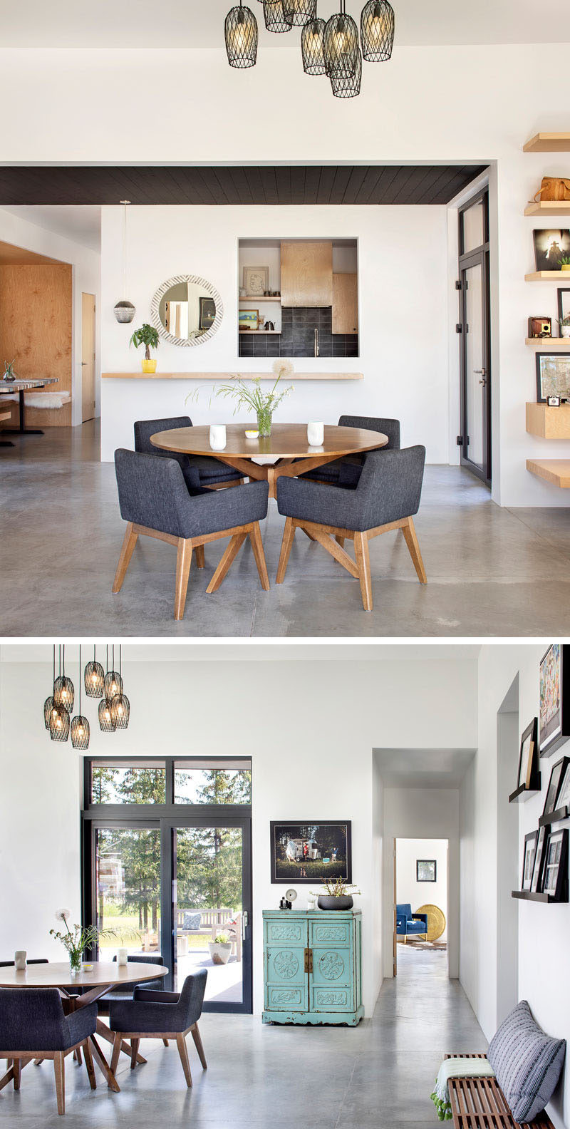 This open plan dining area has a round table that sits below a collection of delicate pendant lights, while white walls and concrete floors, with radiant in-floor heating, are featured throughout the home. #DiningRoom #ConcreteFloors #ModernInterior