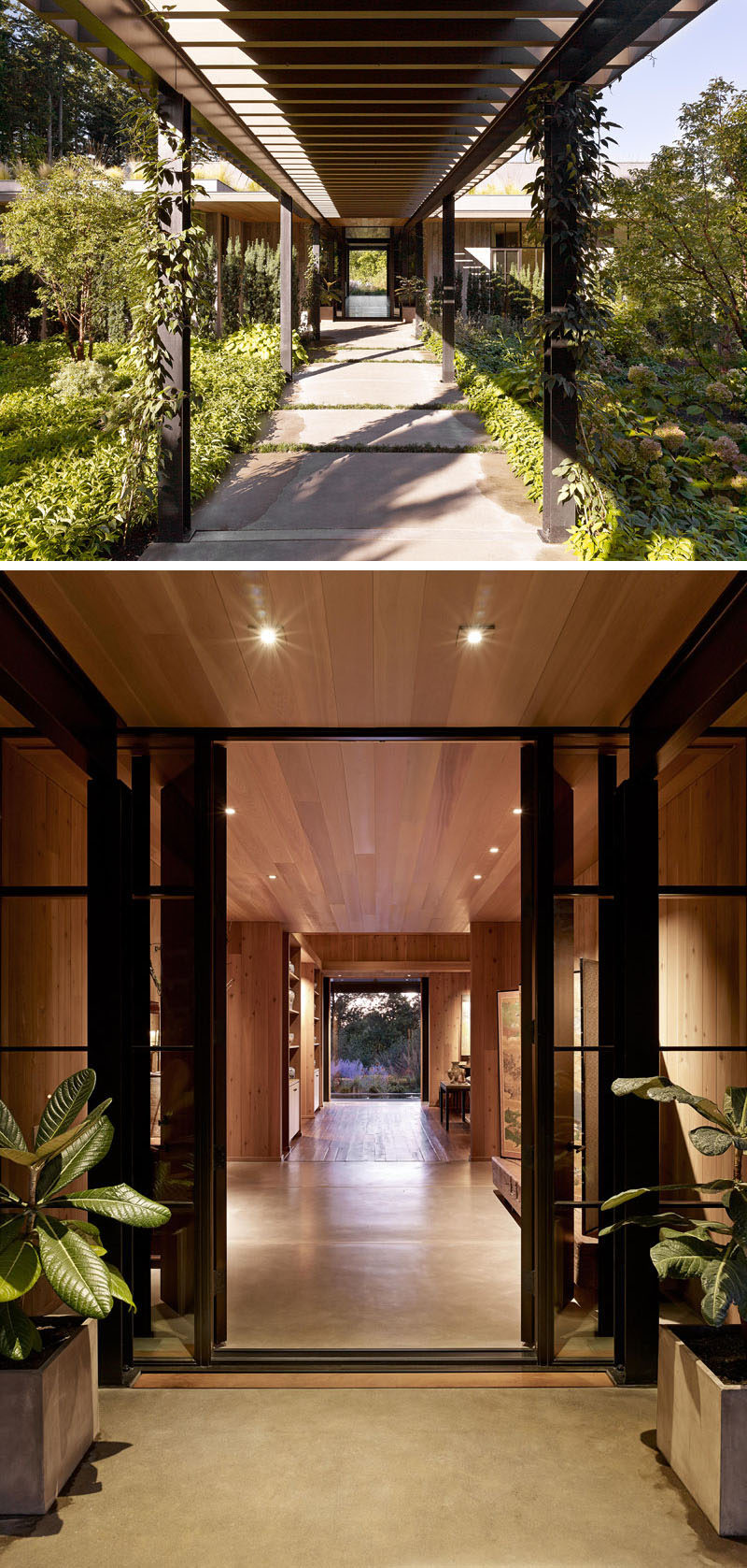 Landscape Ideas - A covered leafy trellis surrounded by plants, guides visitors to the front door of this modern farmhouse. #Landscaping #Trellis #Entryway #Walkway #Garden