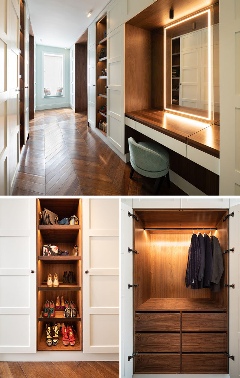 Dressing Room Ideas - The dressing room combines square edged 4-paneled sprayed doors and American Black Walnut cabinetry with accent LED lighting for a luxurious, timeless finish. #DressingRoom #Cabinetry #MakeUpVanity