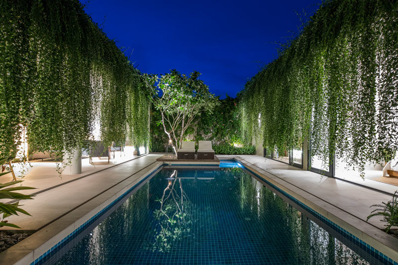 Landscaping Ideas - Hanging gardens provide a lush environment for the swimming pool and privacy for the interior rooms. #Gardens #HangingGarden #PlantCurtain #Landscaping #SwimmingPool