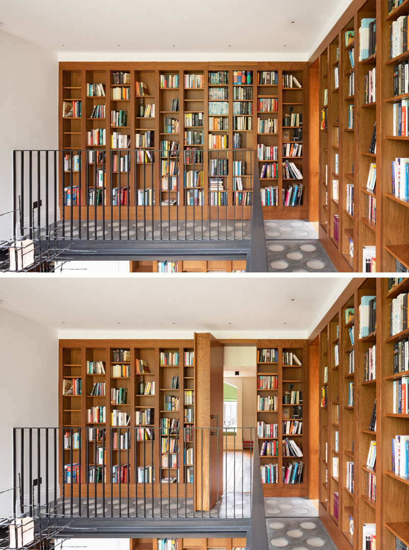 Secret Door Ideas - The second story of this home library has a secret door that pivots open, adding to the playful personality of the house. #SecretDoor #HiddenDoor #Bookshelves #Bookshelf #HomeLibrary