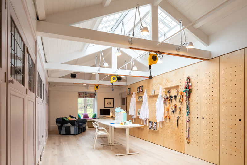 Home Studio Ideas - A large annex was converted into a studio space, to serve the client’s small business, with skylights providing ample natural light, while a pegboard wall allows for custom shelving designs. #HomeStudio #HomeOffice #Workplace