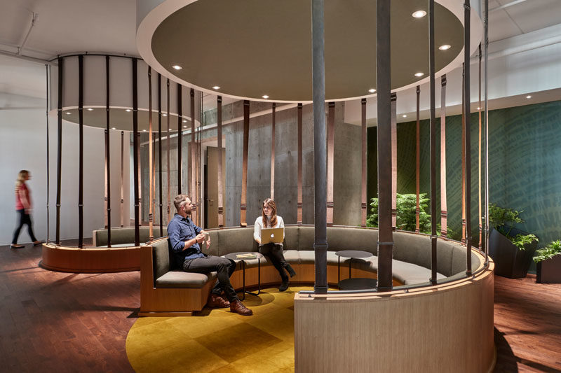 Workplace Ideas - The design of this modern communal seating was inspired by Fairy Rings found in the forest. #WorkplaceDesign #OfficeDesign #SeatingDesign #CommunalSeating #InteriorDesign