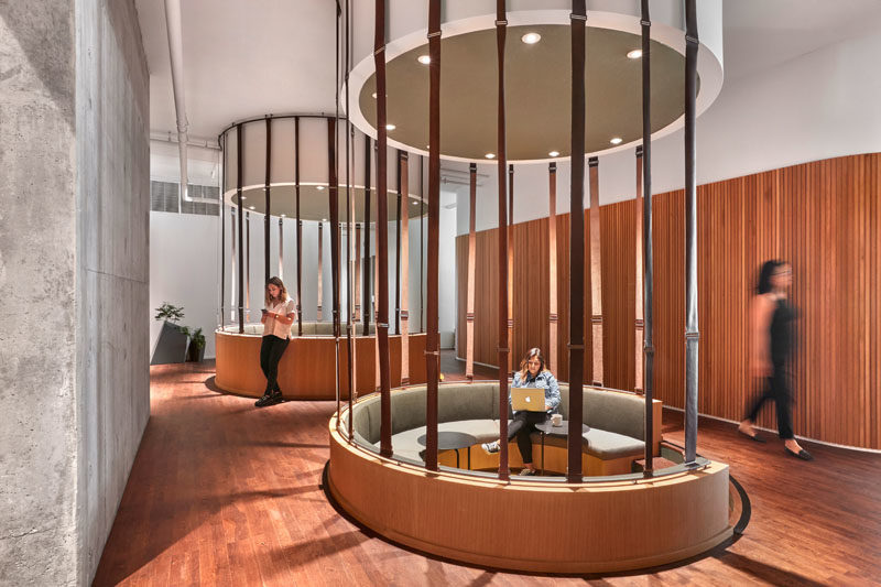 Workplace Ideas - The design of this modern communal sunken seating was inspired by Fairy Rings found in the forest. #WorkplaceDesign #OfficeDesign #SeatingDesign #CommunalSeating #InteriorDesign