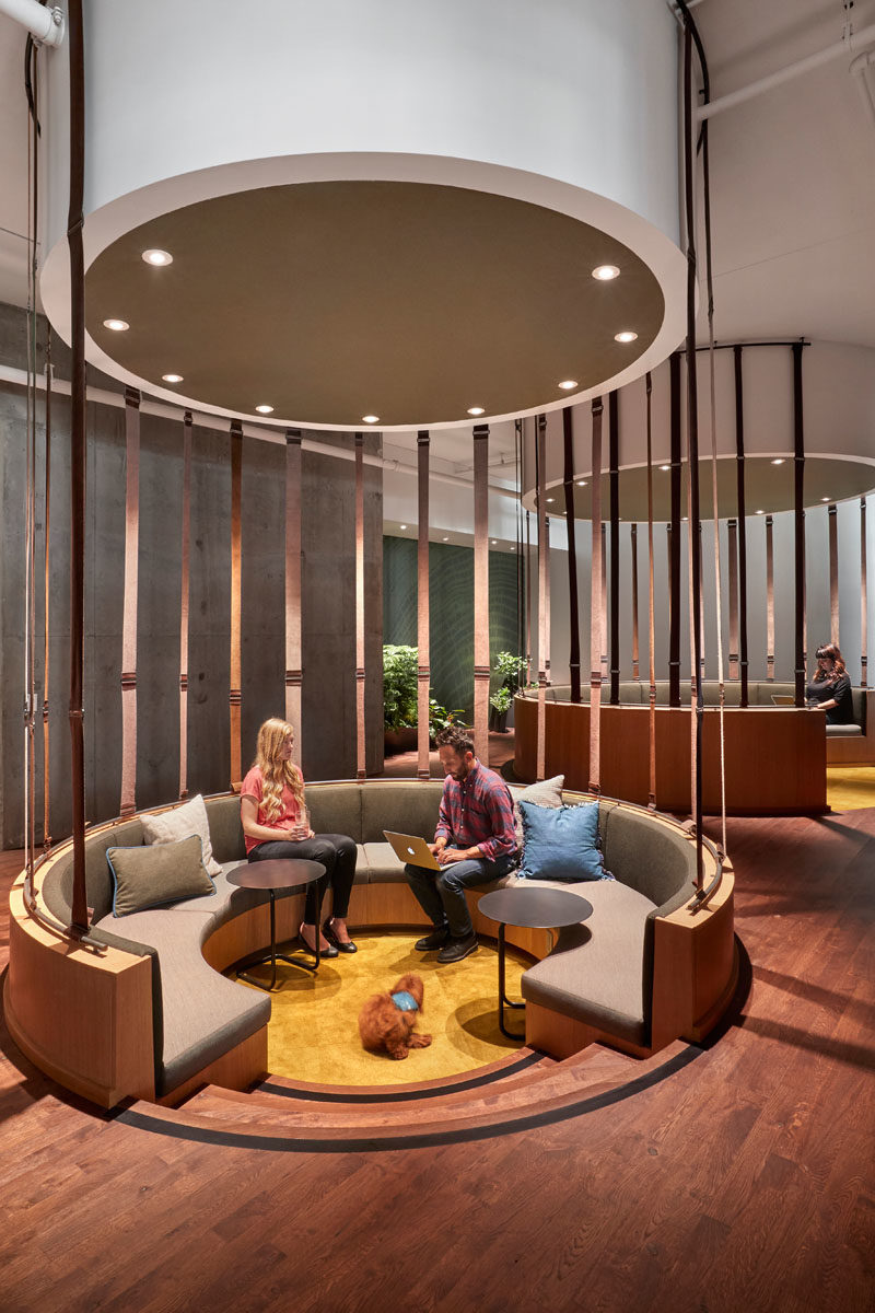 Workplace Ideas - The design of this modern communal sunken seating was inspired by Fairy Rings found in the forest. #WorkplaceDesign #OfficeDesign #SeatingDesign #CommunalSeating #InteriorDesign